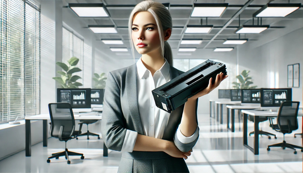 DALL·E 2025-02-25 21.08.58 - An ultra-realistic, light-themed photo of a modern office setting. A white woman is standing and holding a laser printer cartridge in her hand. The ca.jpg