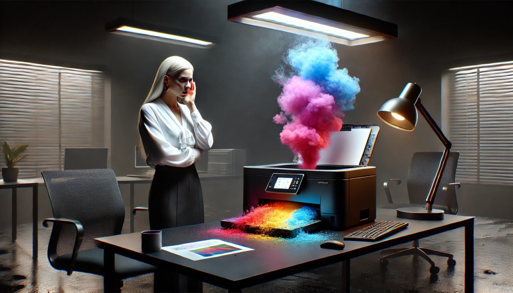 DALL·E 2025-02-25 21.19.48 - An ultra-realistic, dark-themed photo of a modern office setting. A small laser printer is placed on a desk, with colorful powder (toner) spilling out.jpg